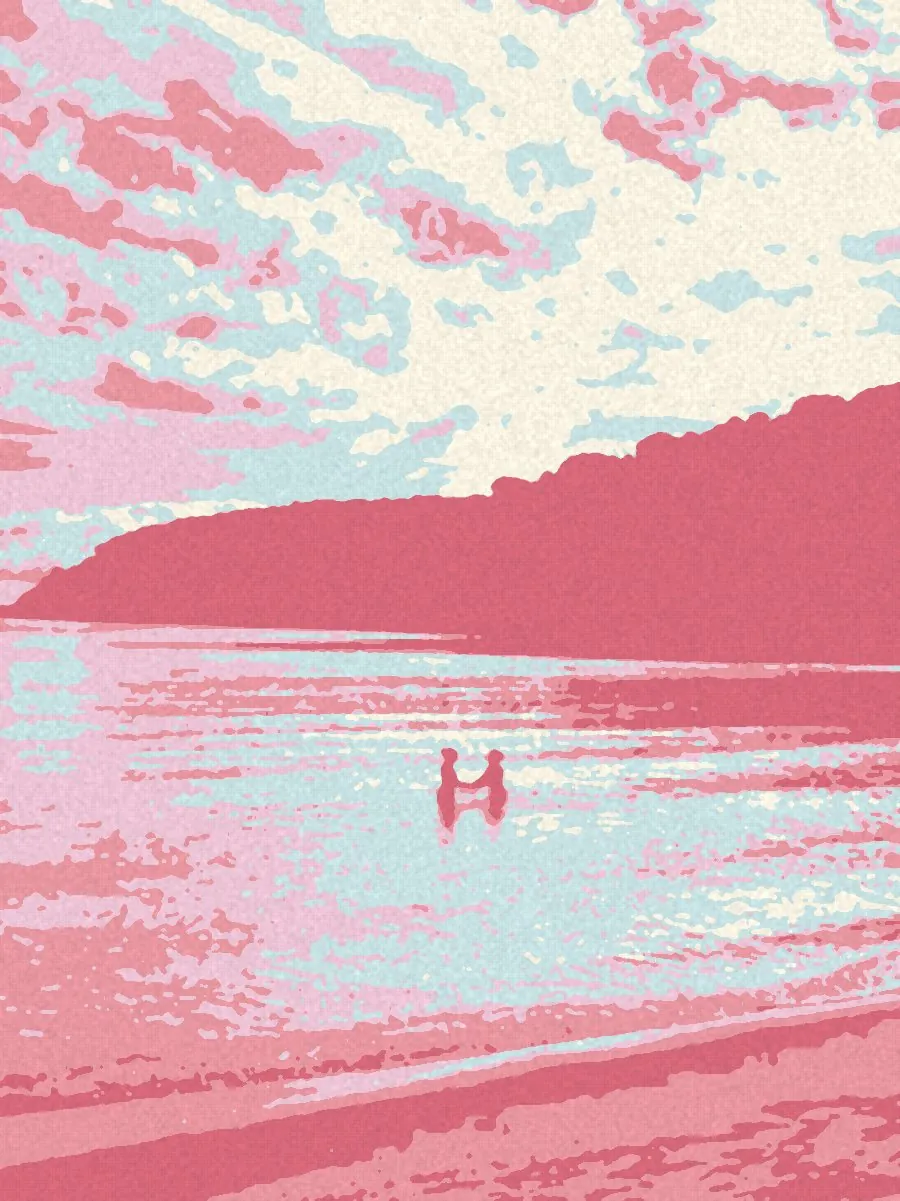 Opera in rosa e celeste: due persone fanno il bagno nel golfo, con il promontorio sullo sfondo