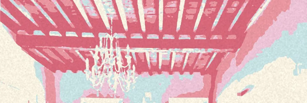 Opera in rosa e celeste: il soffitto in cotto e travi di legno con il lampadario