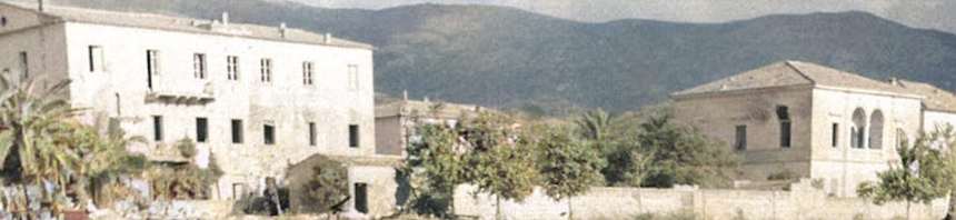 Il Palazzo Vaticano nel 1943–45, tra le palme e gli alberi, con le colline alle spalle
