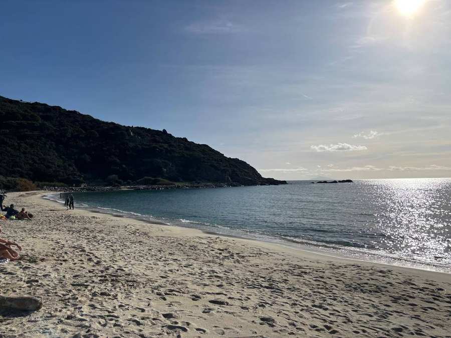 Spiaggia di sabbia con un promontorio boscoso e il mare calmo al sole